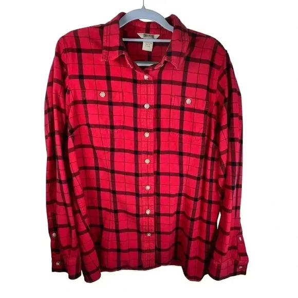 Duluth Trading Co. Women’s Cotton Red Black Plaid Long‎ Sleeve Button-up Medium - Picture 1 of 6